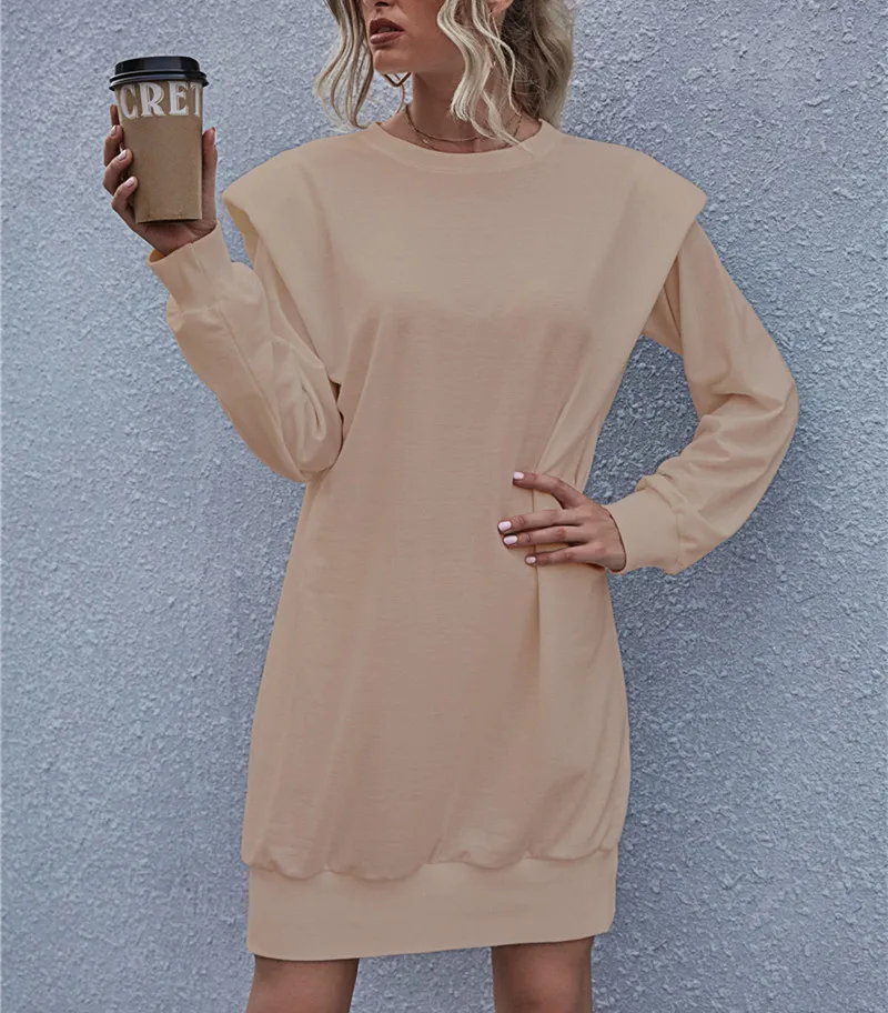 

Women O-neck Long Sleeve Shoulder pads Dress Autumn Winter 2020 Solid Casual Loose Straight Mini Dress Fashion Streetwear Female
