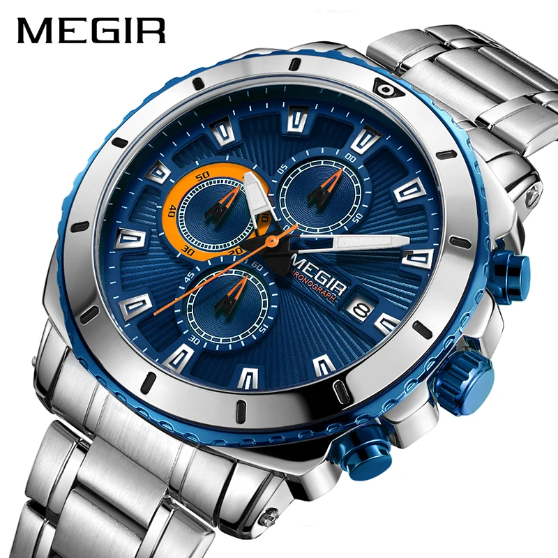 

MEGIR Men's Blue Dial Chronograph Quartz Watches Fashion Stainless Steel Analogue Wristwatches for Man Luminous Hands 2075G-2