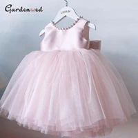 pink flower girl dress 2021 bow pearl princess dress for girl sleeveless first communion dresses puffy children dress
