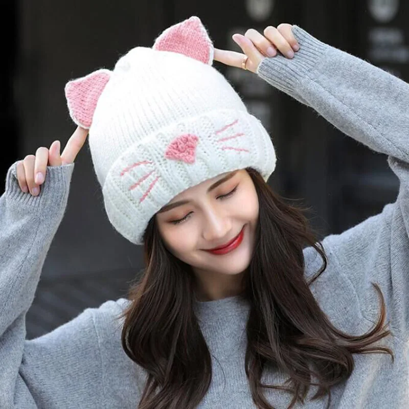 

RUHAO hat female winter warm beanie hat cute cat ears earmuffs warm hat