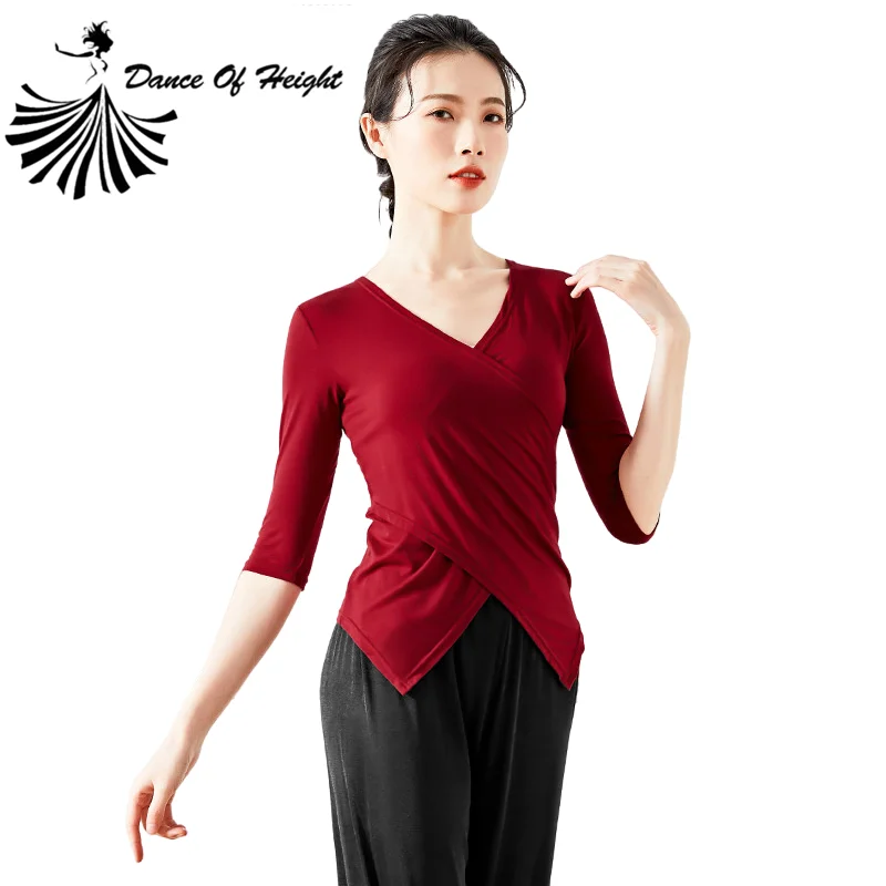 

New Modern Dance Clothes Women Latin Dance Shirt Adult Yoga Ballet Practice Wear Cross Collar V Neck Half Sleeve Modal Dress 3XL