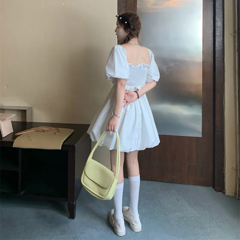 

Sannian Ladies Dress Sweet New Sense Bowknot Short-sleeved Dresses Women Summer New Style Puff Sleeve Dress Women Clothes