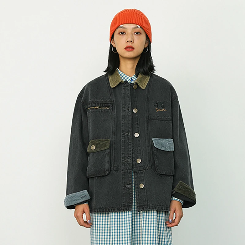 

High-quality Loose Design Women Grey Denim Jacket Long Sleeve Thick Cartoon Colour Block Patch Female Jean Coat Autumn Spring