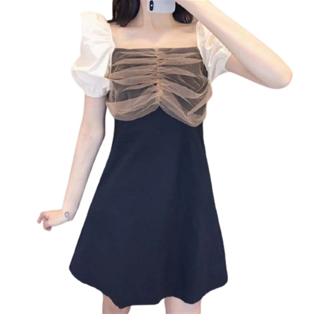 

French Retro Women's Summer Women's Dress Waist Tucked and Slimming High Waist Puff Sleeve Square Collar Patchwork Lady Dress