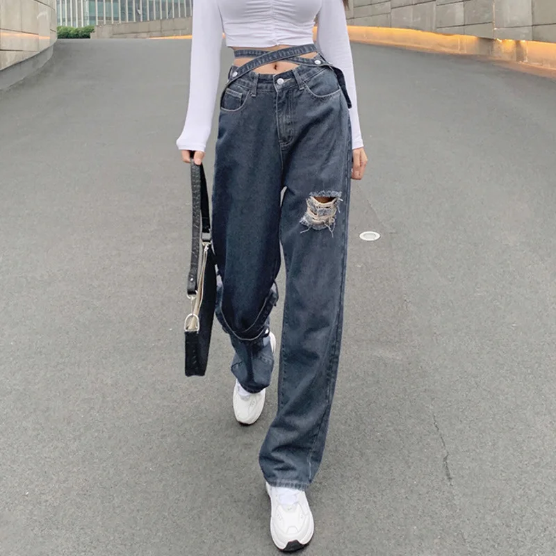 

Hola Hollow Lace Up Cross Jeans Women's 2022 Spring New Hihg Waist Fashion Straight Loose Female Cowboy Pants