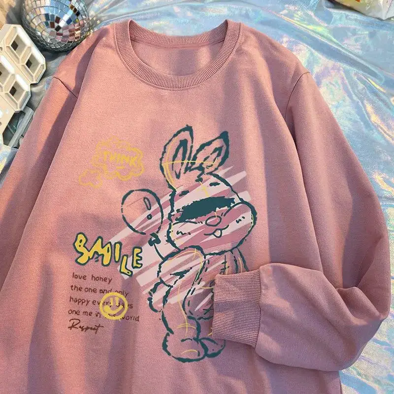 

Spring Autumnn Women Casual Sweatshirts Letter Cartoon Printed Oversized Hoodies Korean Female Preppy Style Loose Thin Pullovers