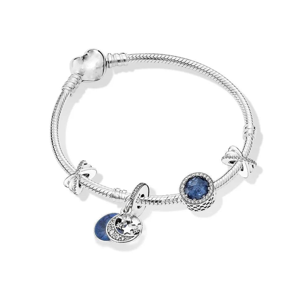 

Original 925 Sterling Silver pan Bracelets Enamel Night Sky & Star With Crystal Pendant Beads Bracelet Diy Jewelry