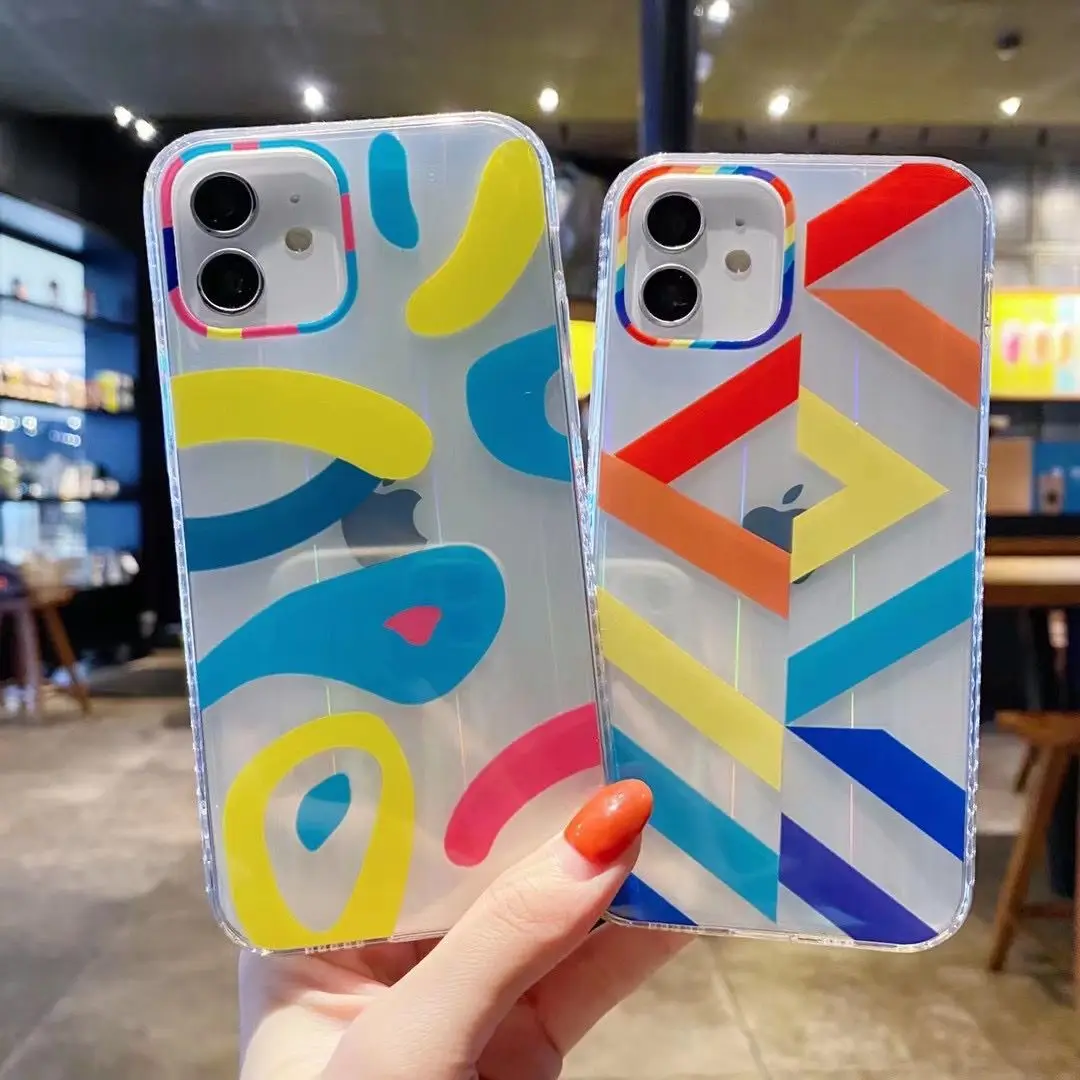 

Laser Electroplate Geometric Transparent Phone Case For iPhone 12 12Pro 11 Pro Max XR XS Max X 7 8 Plus SE 2020 Colorful Cover