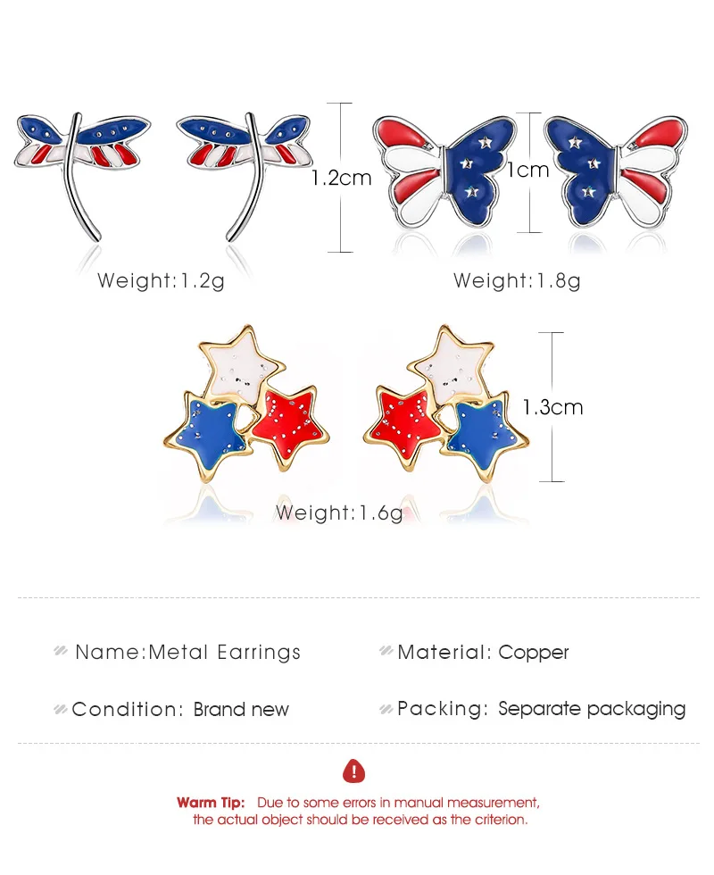 

News American Ear Stud Earrings Womens Sweet Colorful Stars Dragonfly Butterfly United States Flag Earrings Jewelry For Girls