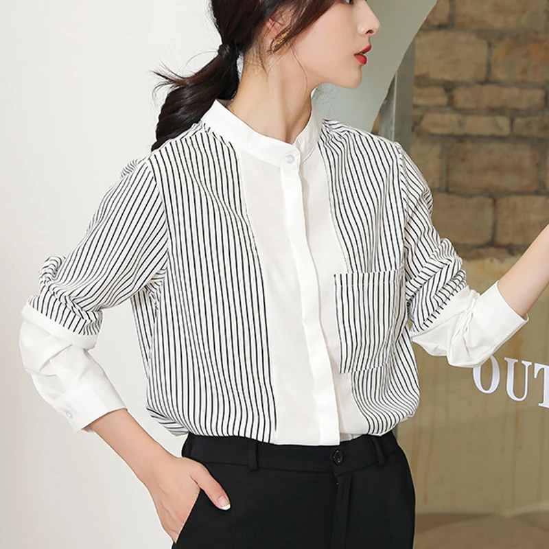 

Spring New blusas mujer de moda 2021 Loose Chiffon Women's harajuku shirt Fashion Stripe V-Collar Long Sleeve Women Top 18i