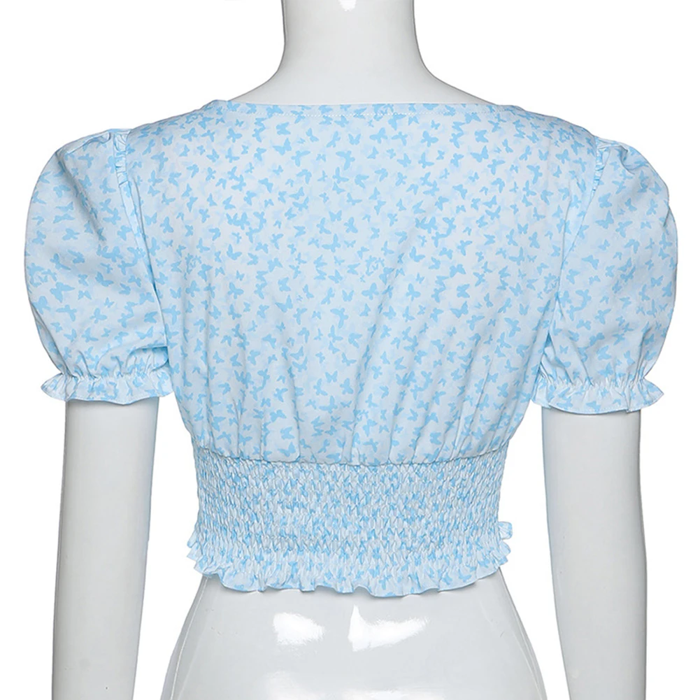 

Women's Puff Sleeve Tanks Top Square Collar Crop Tees Tops Blouse Fashion Retro Clothing Summer Blouses Female Shirts