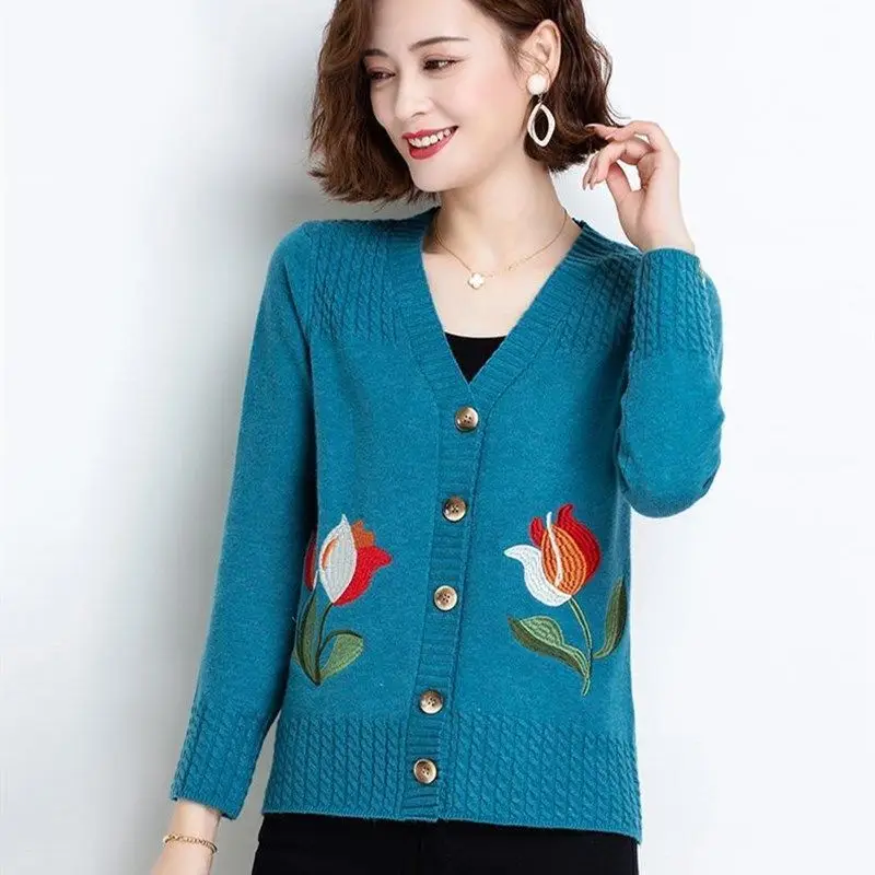 

Spring Autumn Cardigan Women Floral Embroidery Long Sleeve Single Breasted New Fashion Korean Style Casual Knitted Sweater M52