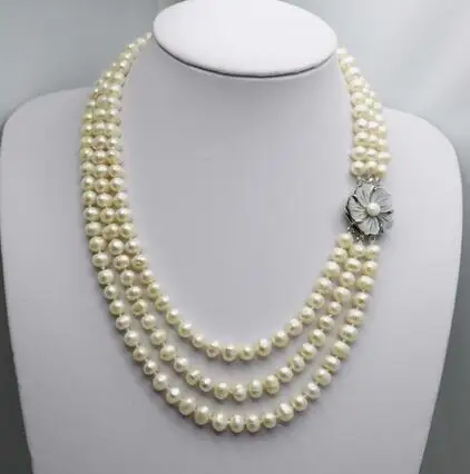 

3 Rows 6-7mm White Akoya Pearl Necklace Shell Clasp 17-19inch