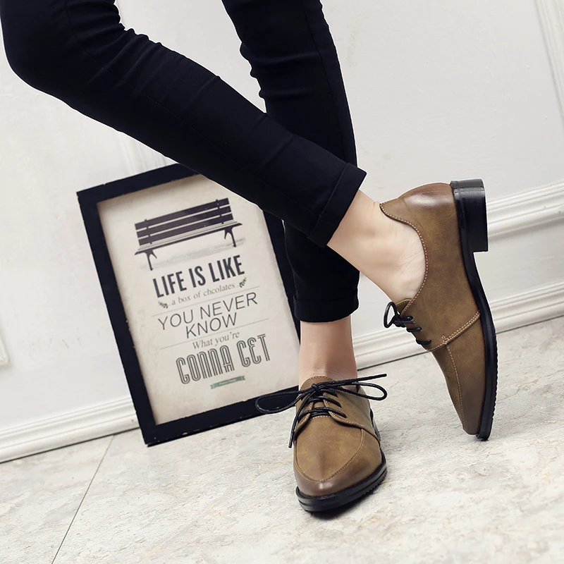 Leather Flat Shoes Women Black Brown Shoes Woman Flat Loafer British Style Lace-up Womens Flat Dress Shoes Zapatos De Vestir