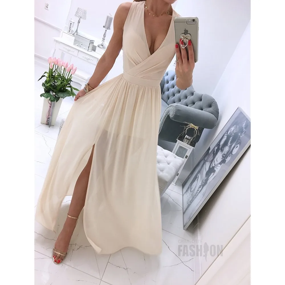 

Sexy Deep V Neck High Waist Split Maxi Dresses For Women 2021 Summer New Sleeveless Solid Color Dress Women's Clothing Femme
