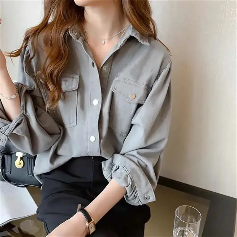 Рубашка Sungtin Женская Офисная с карманами Повседневная Свободная блузка размера