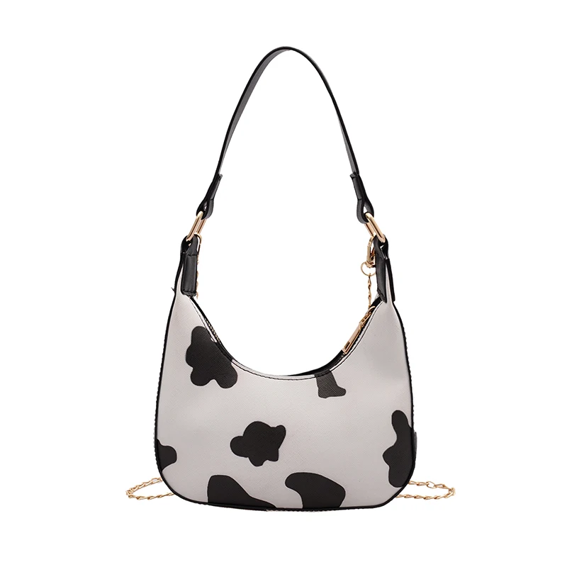 

White and Black Pu Leather Tote Zipper Chain Bag Milk Dairy Cow Grain Pattern Printed Handbag Purse Set for Women