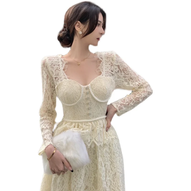 

Nbpm Square Collar Elegant Long Sleeve Lace Women's Dress Sweet Stylish High Waist Party Club Wear New 2021 Winter Spring Women