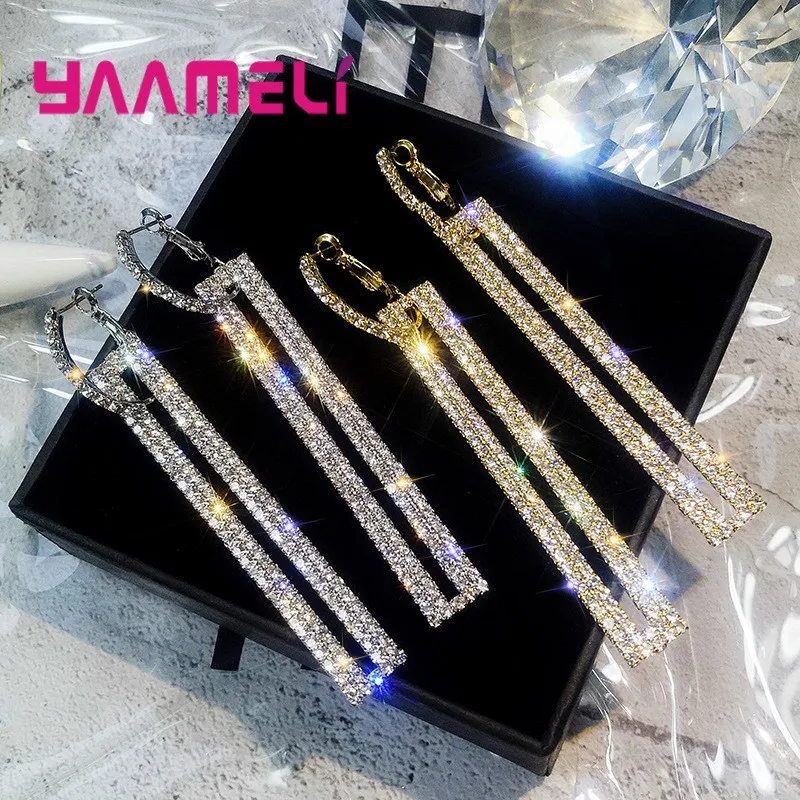 

Luxury Long Crystal Drop Earrings for Woman Girl 925 Sterling Silver Rectangle Rhinestone Pendientes Piercing Jewelry Brincos