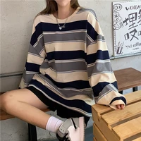 striped women t shirt loose long sleeved summer oversized t shirt top women korean retro blouse pullovers student streetwear