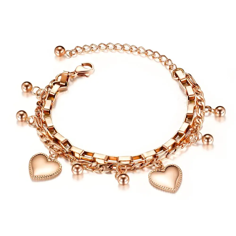 

Bohemia Double Layer Stainless Steel Heart Love Charm Bracelets For Women Girls Chain & Link Summer Beach Bracelet Jewelry