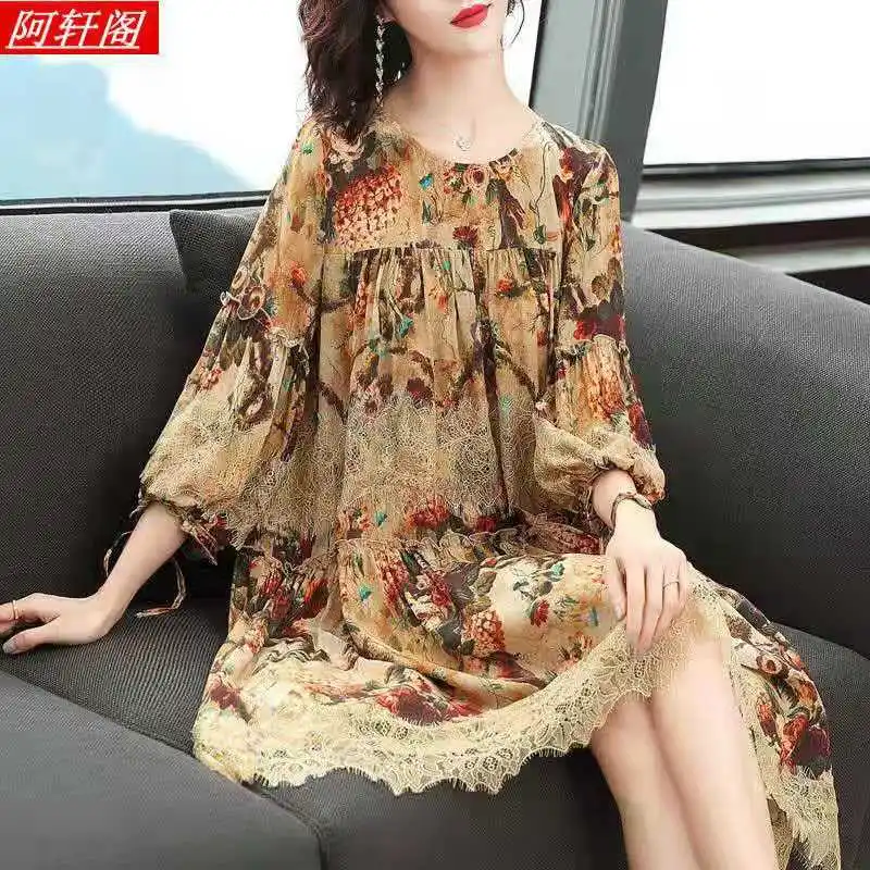 

2021 Spring Summer Mulberry Silk Midi Dresses 4XL Plus Size Vintage Lace Print Runway Dress Elegant Women Bodycon Party Vestidos