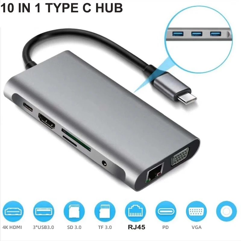 

USB C Hub 10-in-1 Type C Adapter Mini Docking Station with 4K 30Hz HDMI 2K 60Hz VGA RJ45 Ethernet 3 USB 3.0 SD/TF Card Reader