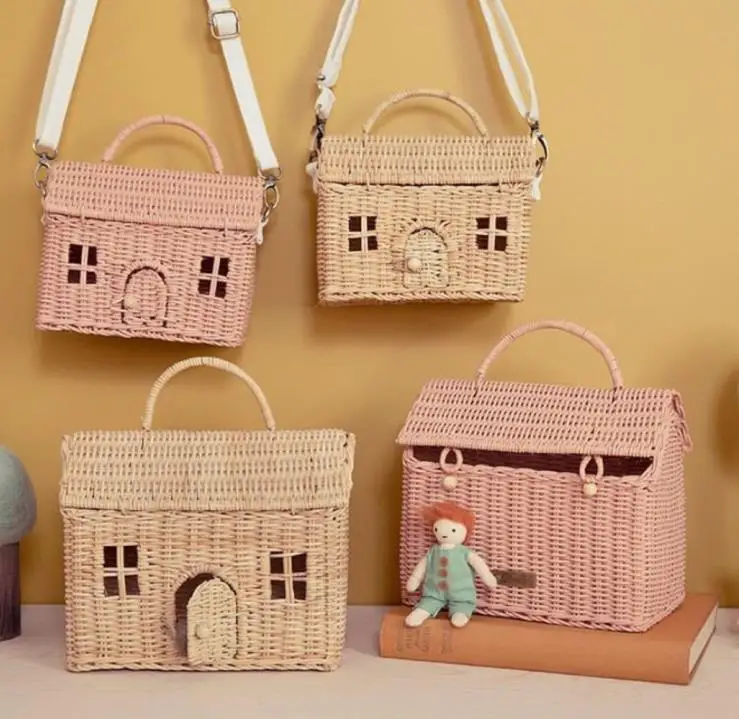 

Nordic Style INS Fashion Handmade Rattan Vintage Basket bag Kids Shoulder Bag House Shape Best Gift for Girls Crossbody bag