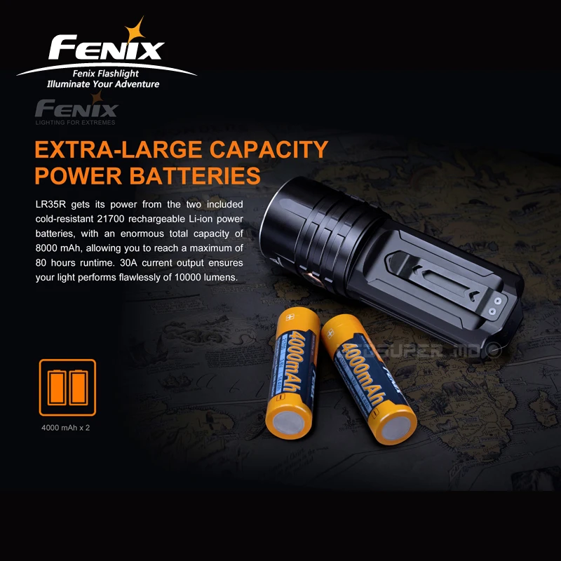 Супер яркий поисковый фонарик Fenix LR35R 10000 люмен с двумя литий ионными батареями 4000