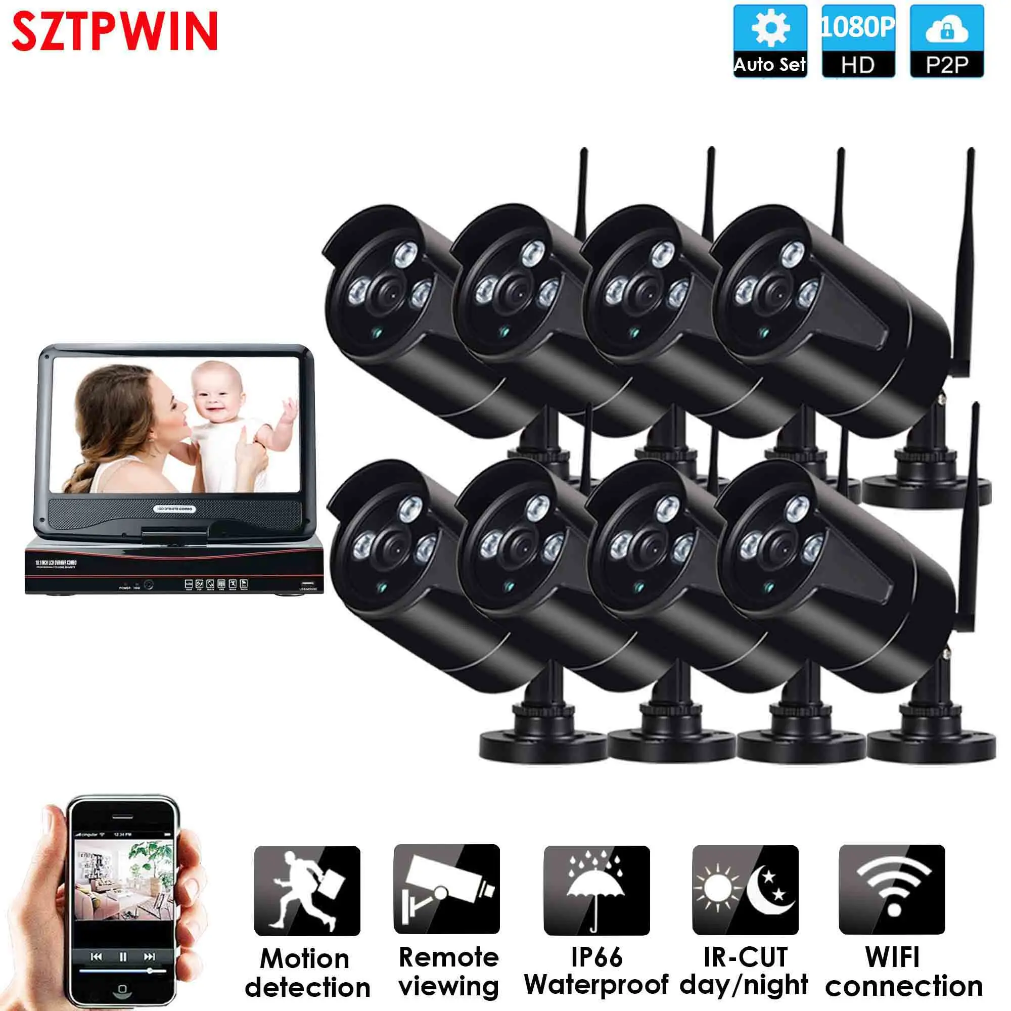8CH LCD 1080P WIFI Беспроводная система наблюдения сетевой 10," ЖК-монитор NVR рекордер Wifi комплект 6CH 1080P HD видео входы 6PS 2.0MP камера безопасности - Цвет: 8CH LCD 1080P WIFI