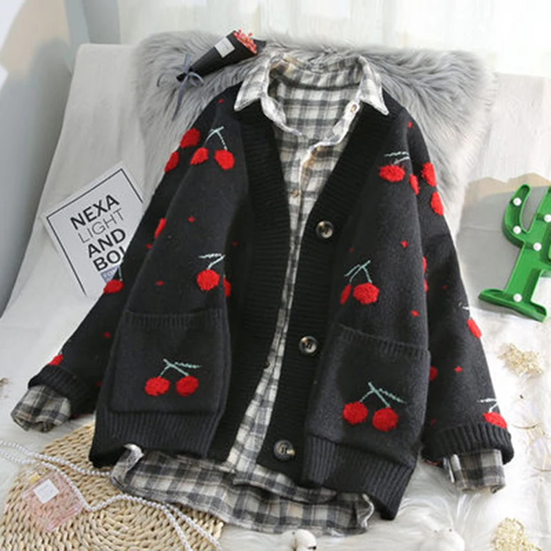 

Fruit Cherry Embroidery Knitted Cardigan Sweater Woman Autumn Winter 2021 V Neck Oversize Sweater Cardigan Jacket Warm Knitwear