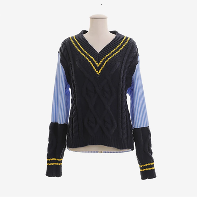 Женский трикотажный пуловер TWOTWINSTYLE разноцветный Повседневный с v-образным