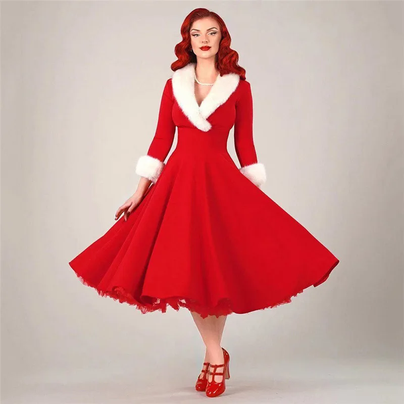 

2021 winter new women's Christmas Dress fashion long sleeve wool collar sexy low cut slim midi dresses