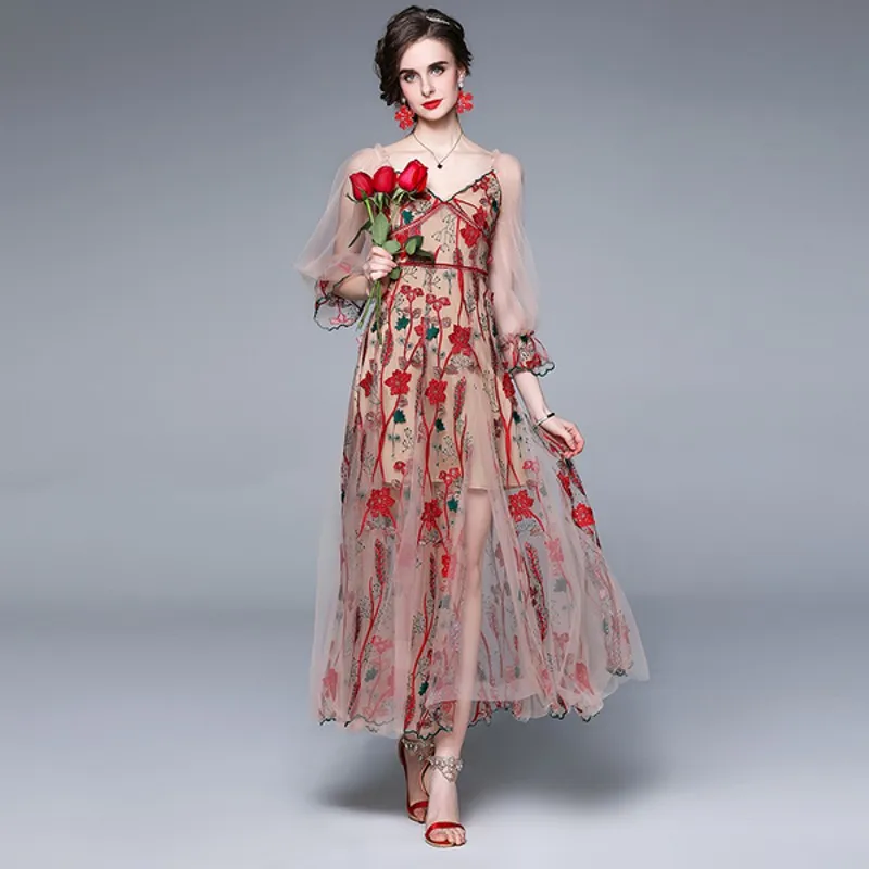 

High Quality 2021 Summer Women Embroidery Mesh Dress Elegant Long Maxi Mesh sling dress Vestidos