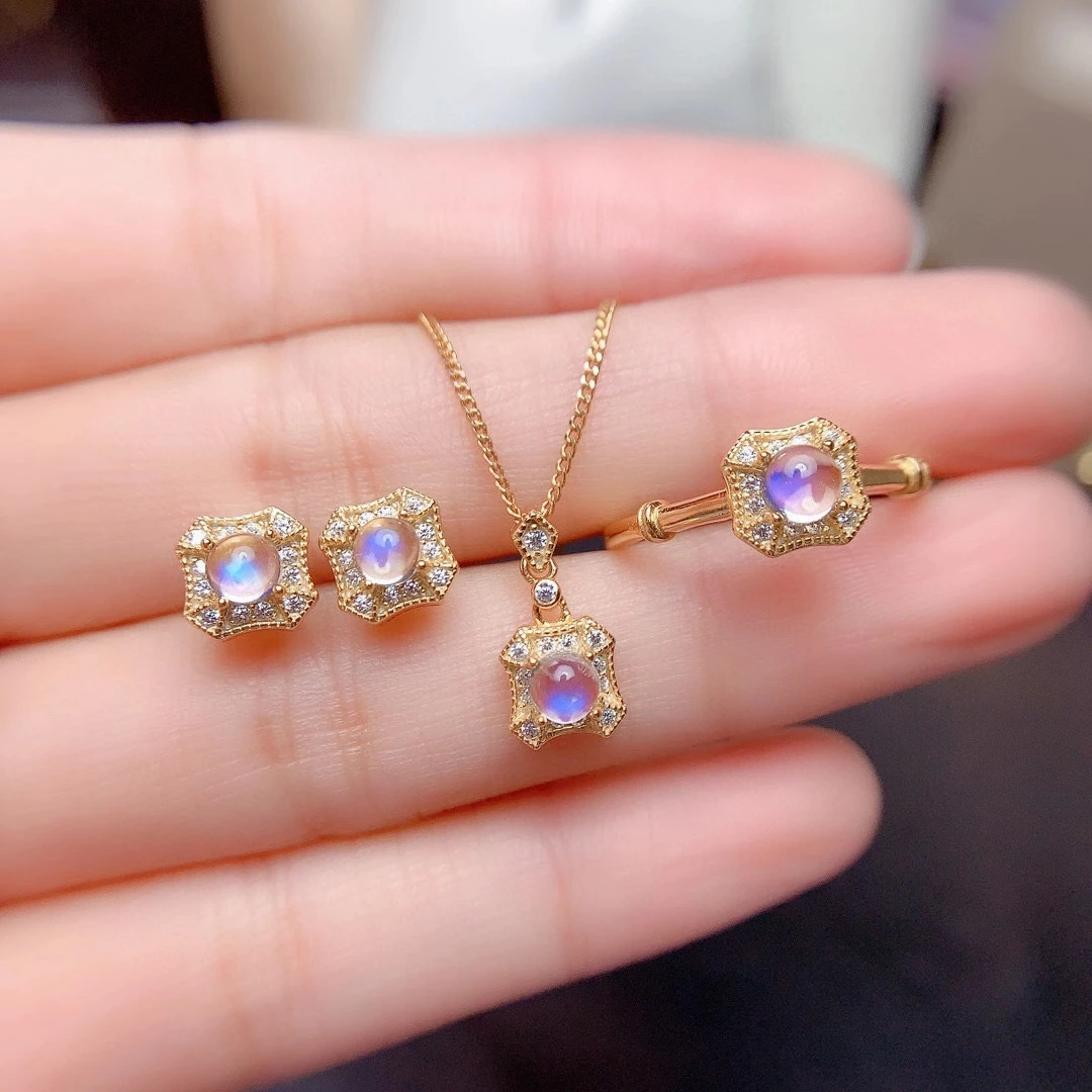 

Natural Moonstone Simple Earrings Ring and Necklace 3 Pcs Suits for Women Real 925 Sterling Silver Fine Jewelry Set