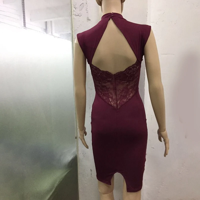 

Summer 2021 Sexy Bodycon Party Dress Turtleneck Lace Stitching Hip Women Dress Hollow Out Open Back Bodycon Sexy Chest Dress