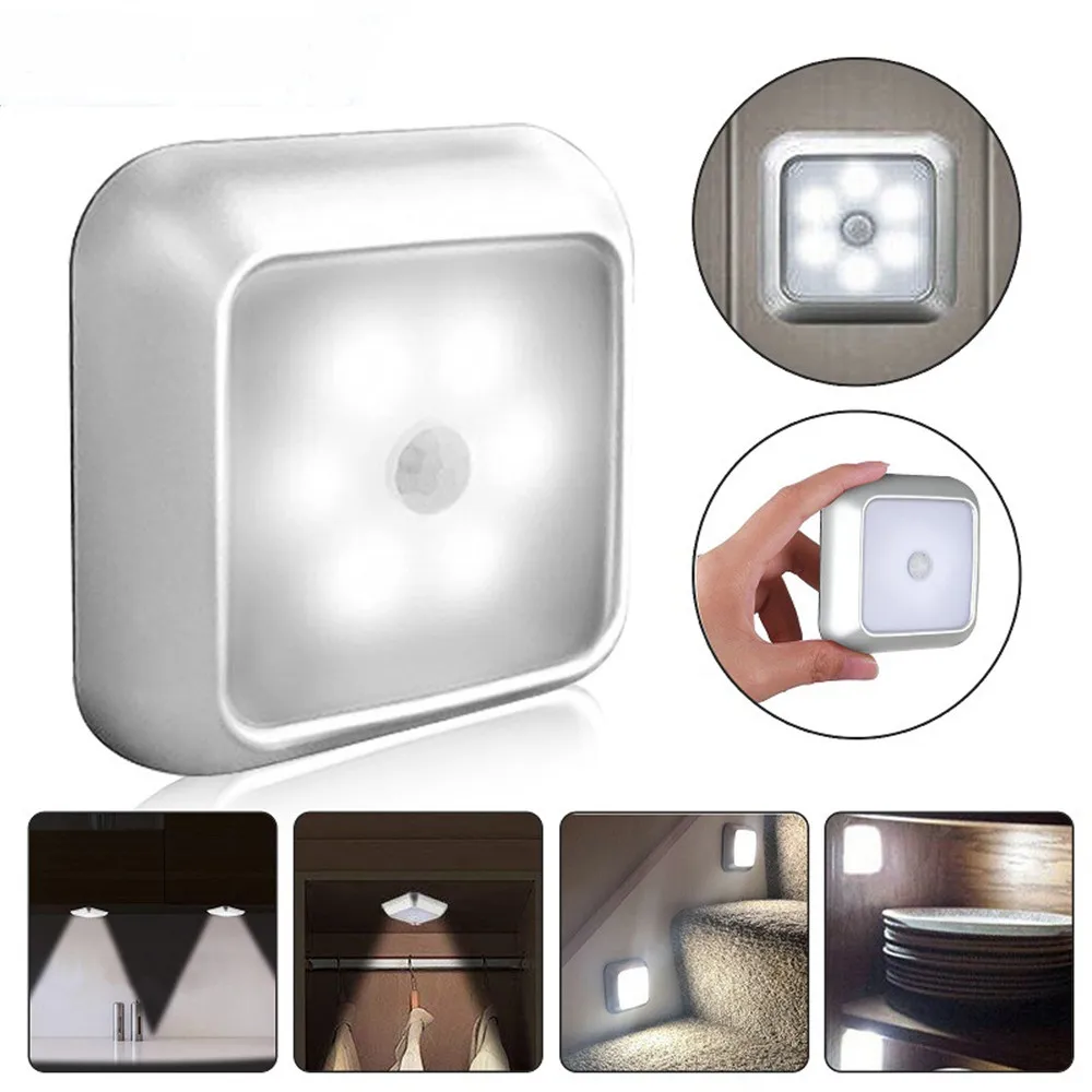 Motion Sensor Night Lights Battery Powered 6 LED Square  PIR Induction Under Cabinet Light Closet Lamp Stairs Kitchen Bedroom