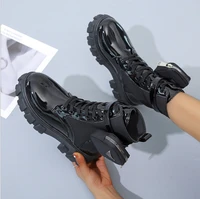 black punk ankle platform motorcycle martin boots women lace up chunky heel belt buckle pocket designer shoes women