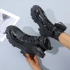 Женские мотоциклетные ботинки мартинсы, черные ботинки в стиле панк на платформе, на шнуровке, на массивном каблуке, с ремешком и пряжкой, дизайнерская обувь с карманами для женщин