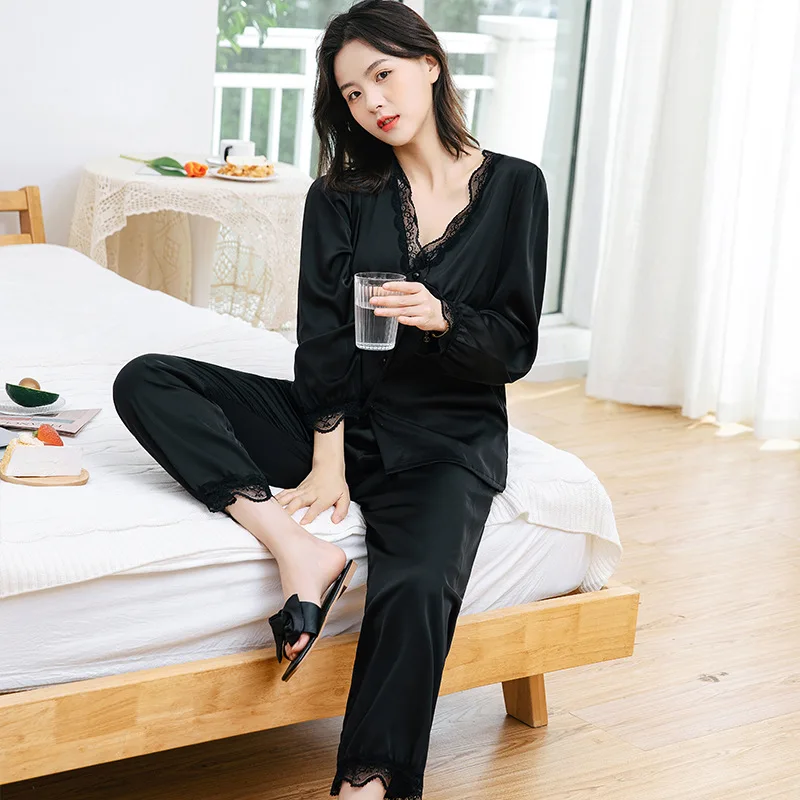Spring Autumn Home Wear Lace Women's Pajamas Suit Sexy Nightwear V-neck Ice Silk Sleepwear Female Sleeping Wear Lounge Sets