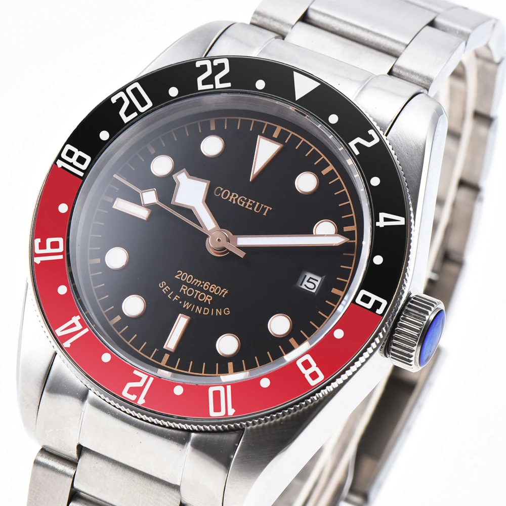 Corgeut 41 мм мужские спортивные сапфировое стекло черно красный 24 часовой спин
