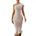 Женское сексуальное однотонное облегающее платье миди без рукавов с одним открытым плечом и подолом рыбьего хвоста