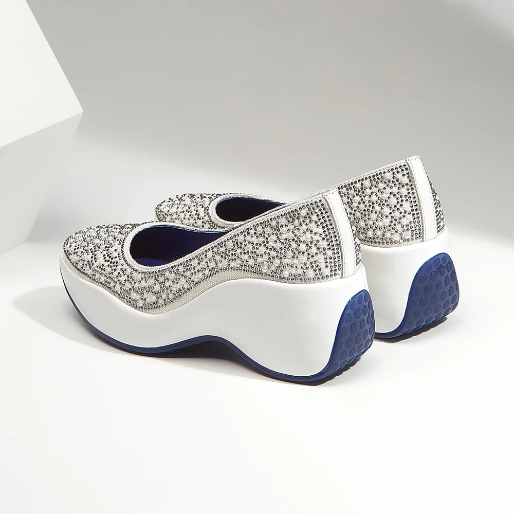 Fashion Spring Summer Women Platform Shoes High Heels Ladies Square Toes Pumps Wedges Rhinestone Girl Footwear Black White | Обувь
