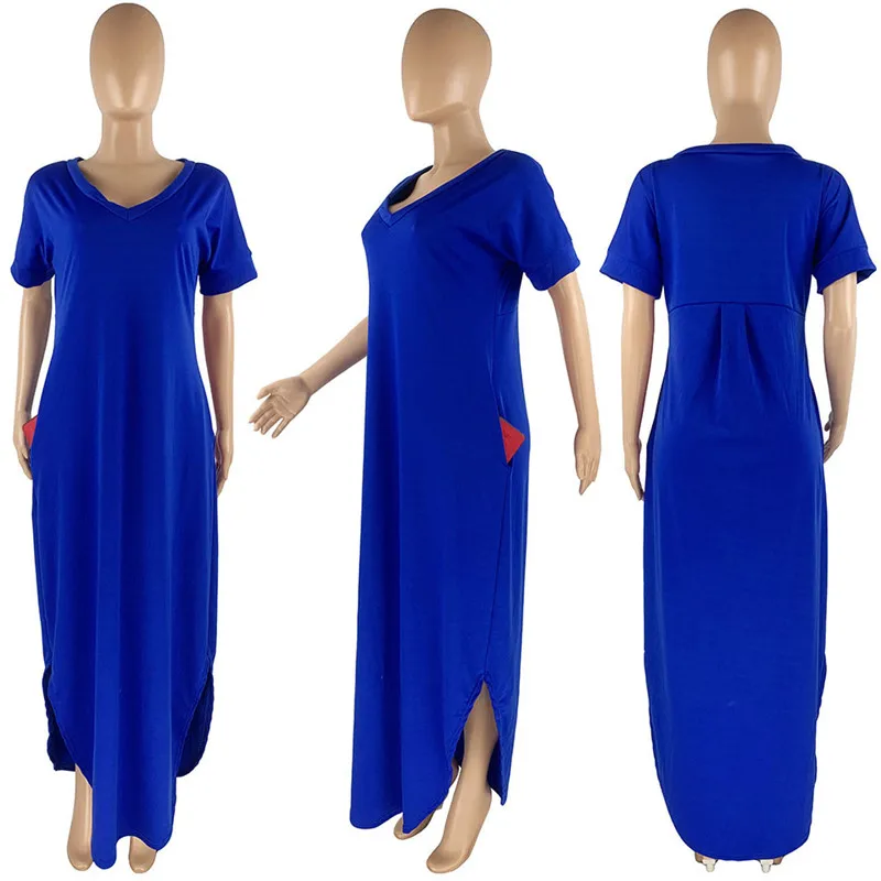 

KEXU Loose Casual Bodycon Sexy V Neck Pockets Side Split Hollow Out Short Sleeve Elegant Women Summer Party Nightclub Dresses