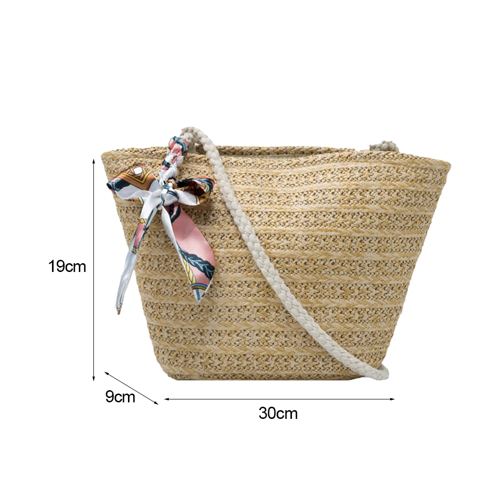 

Summer Straw Woven Messenger Bag Silk Scarf Casual Women Vacation Large Handbags Casual Beach Shoulder Crossbody Bag