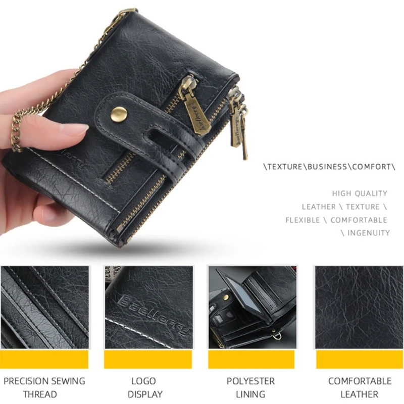 

RFID Genuine Leather Wallet Men Coin Purse Small Mini Card Holder with Retro Chain Male Wallet Pocket Fashionable Purse
