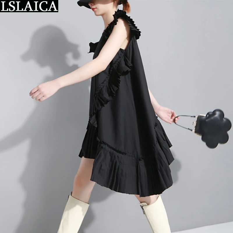 

Fashion Dresses for Women Summer 2020 Sleeveless O Neck Ruffle Irregular Lady Mini Dress Casual Solid Big Swing Vestidos Cortos