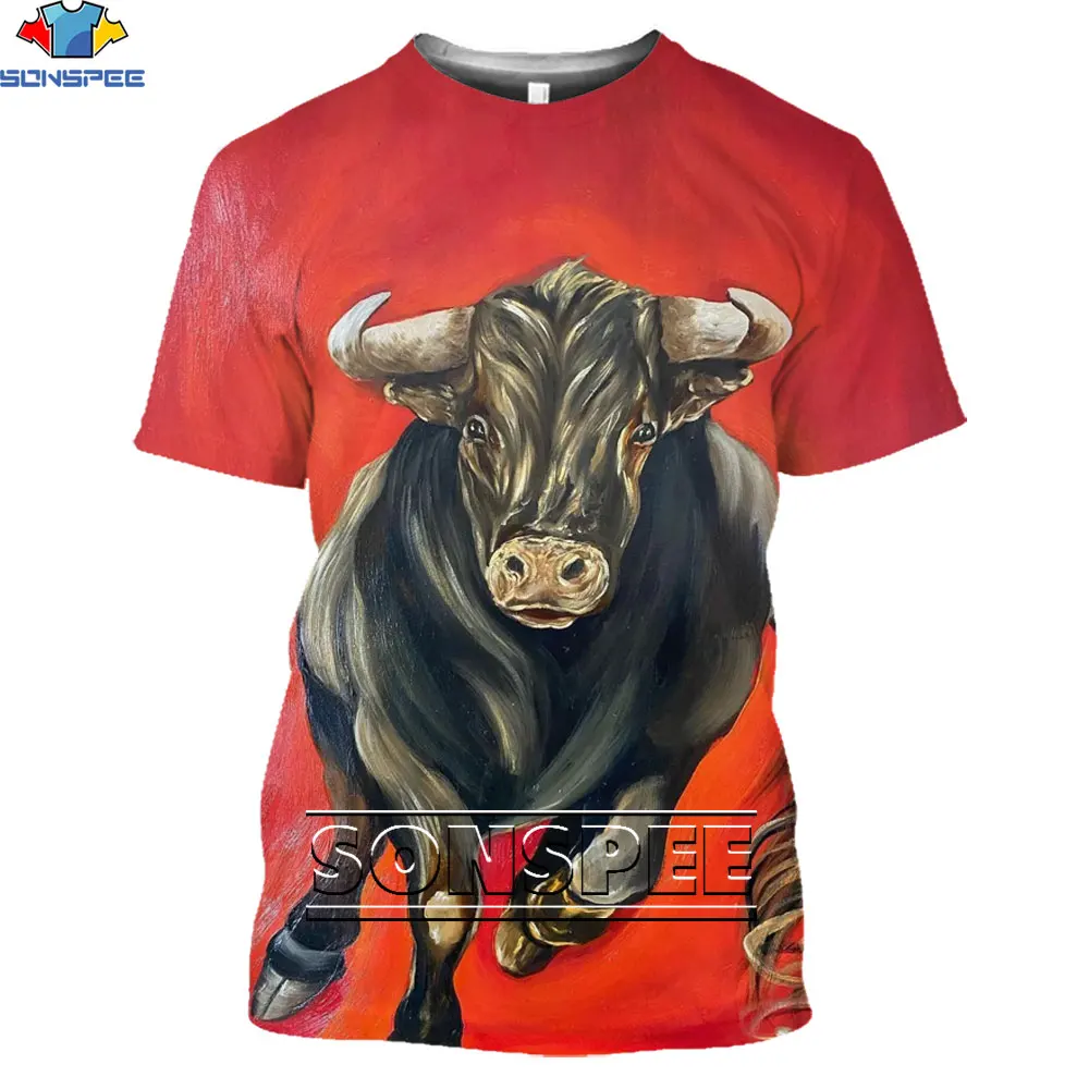 

SONSPEE 3D Hunting Animal Bull Print T-shirt Spanish Bullfighter Short-sleeved Casual Harajuku Cartoon Trend Oversized Men's Top