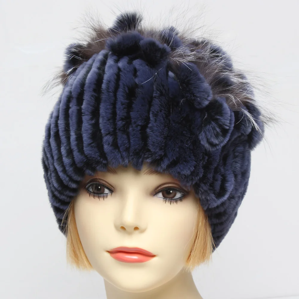Женские меховые шапки зимняя вязаная реального из меха кролика рекс с мехом