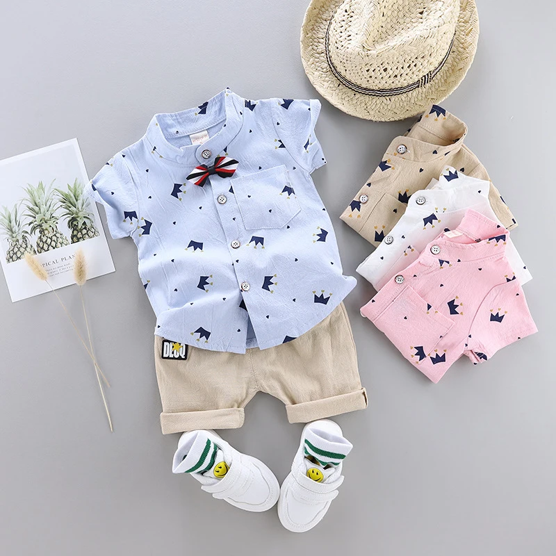 IENENS Summer Baby Boys Clothes Clothing Sets Kids Short Sleeve Shirt + Shorts Outfits 1 2 3 4 Years Child Bow Tie Shirts Suits |